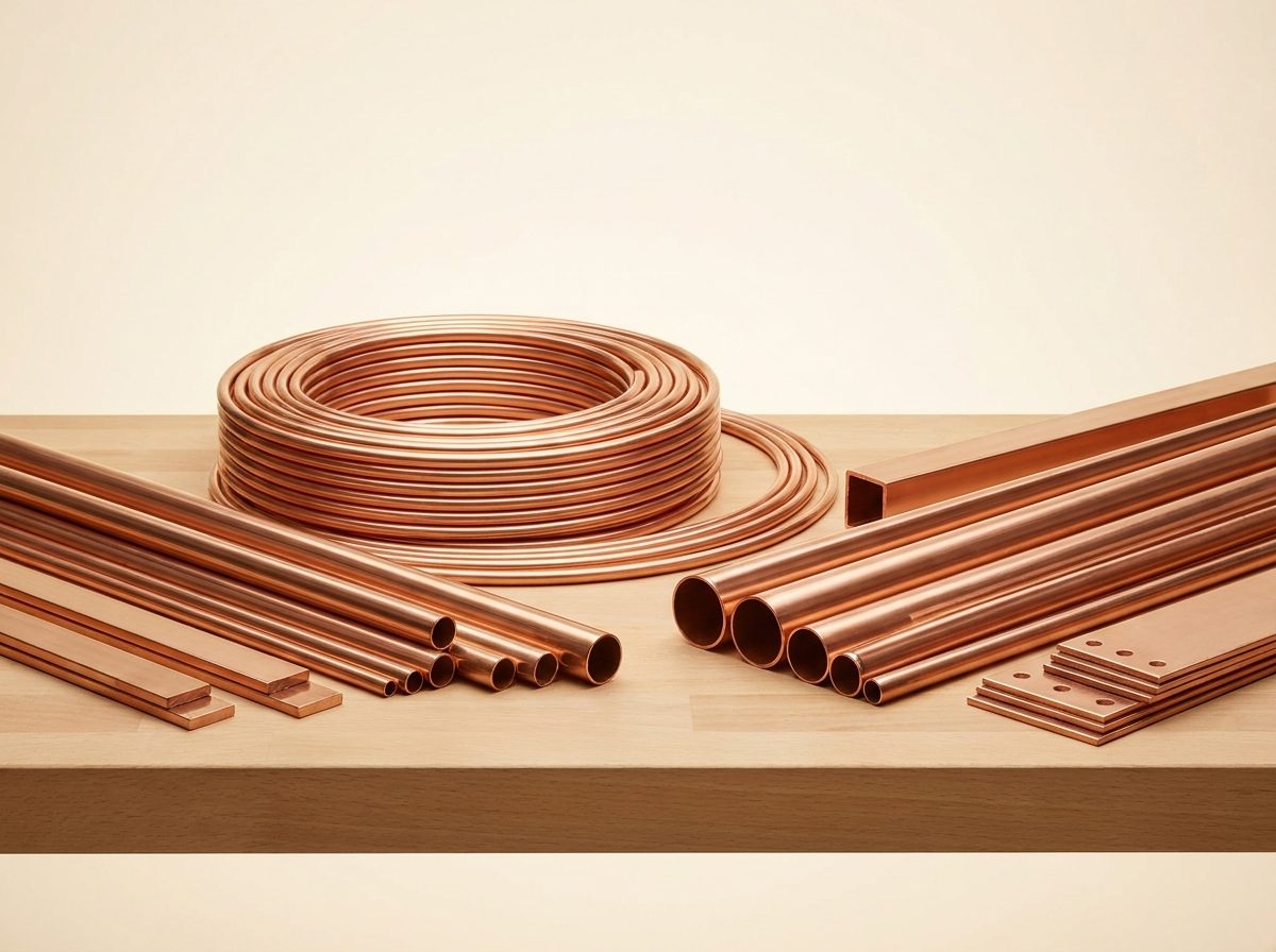 Finished copper goods — pipes, busbars and flat profiles on a workbench