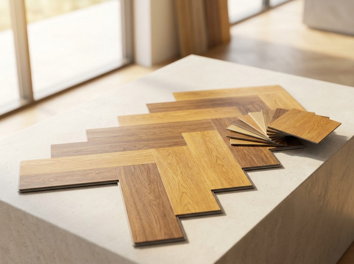 Self-adhesive vinyl flooring planks in a warm wood-look herringbone pattern