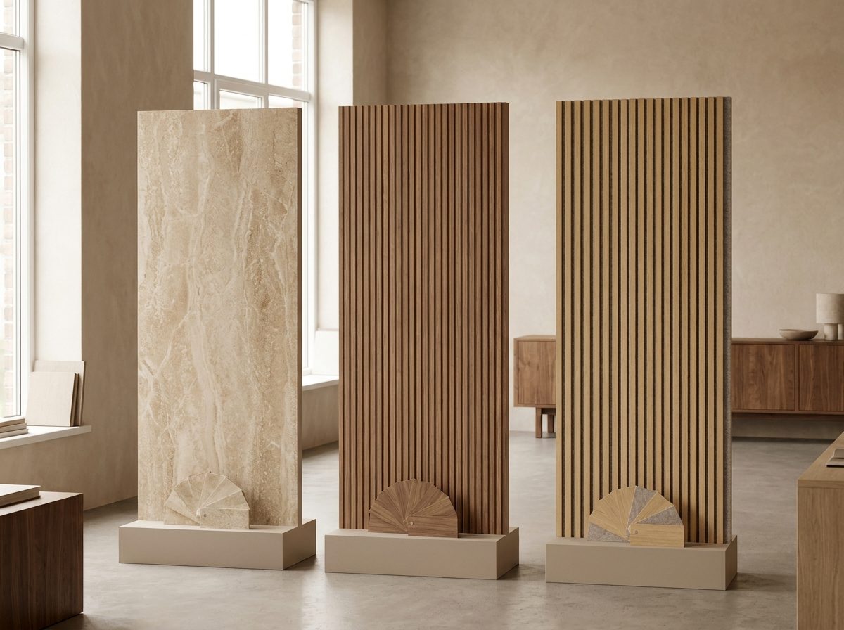 Decorative and technical wall panels standing in a showroom