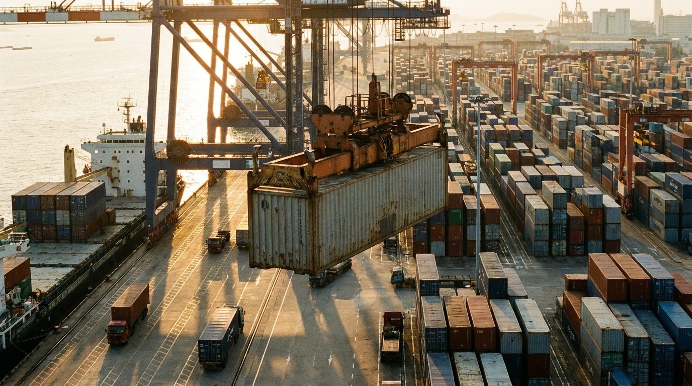 A consolidated shipment lifted at a container port in southern China at golden hour, bound for a Latin American port