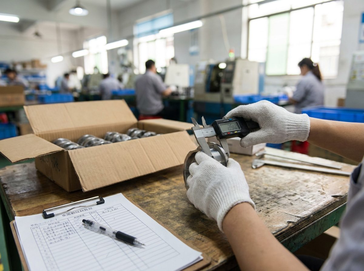 An Amity inspector measures a finished product with a digital caliper beside an open carton and a QC checklist on the factory floor