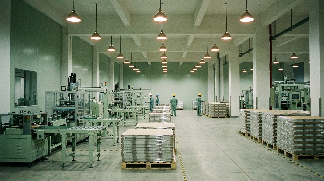 A clean modern Guangzhou production floor with finished goods stacked on pallets, where Amity audits candidate factories